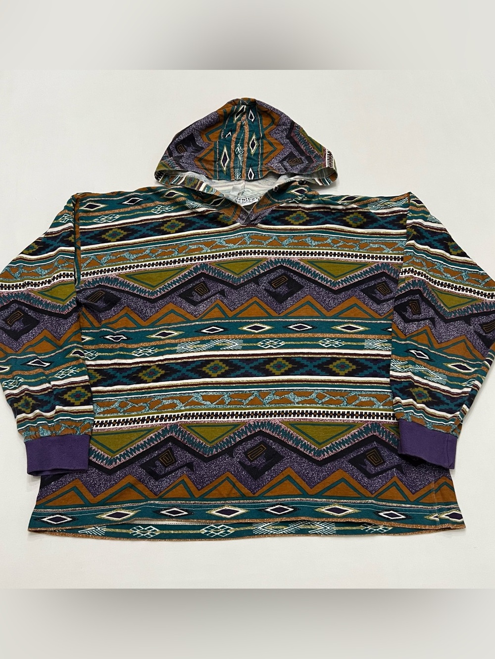 Vintage 90s Chicos Southwestern Geometric Print Hooded Pullover Shirt OS Boho